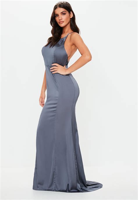 lyst missguided gray satin round neck backless maxi dress in gray