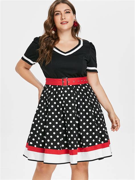 Wipalo Plus Size Polka Dot Vintage Dress Women Color Block Cotton Belt