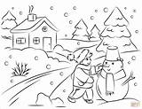 Coloring Building Snowman Boy Pages Winter Drawing sketch template