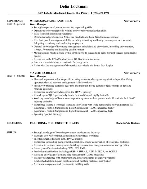 hvac manager resume samples velvet jobs