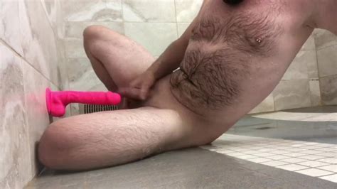Solo Male Public Shower Masturbation With A Wall Suction Dildo For