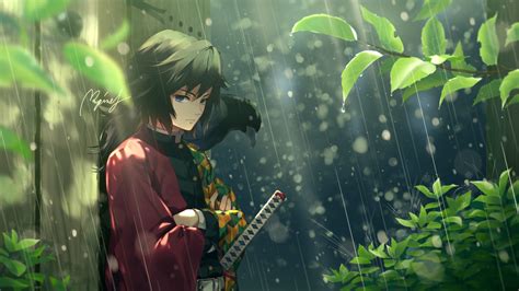 demon slayer giyuu tomioka standing  rain  plants hd anime wallpapers hd wallpapers