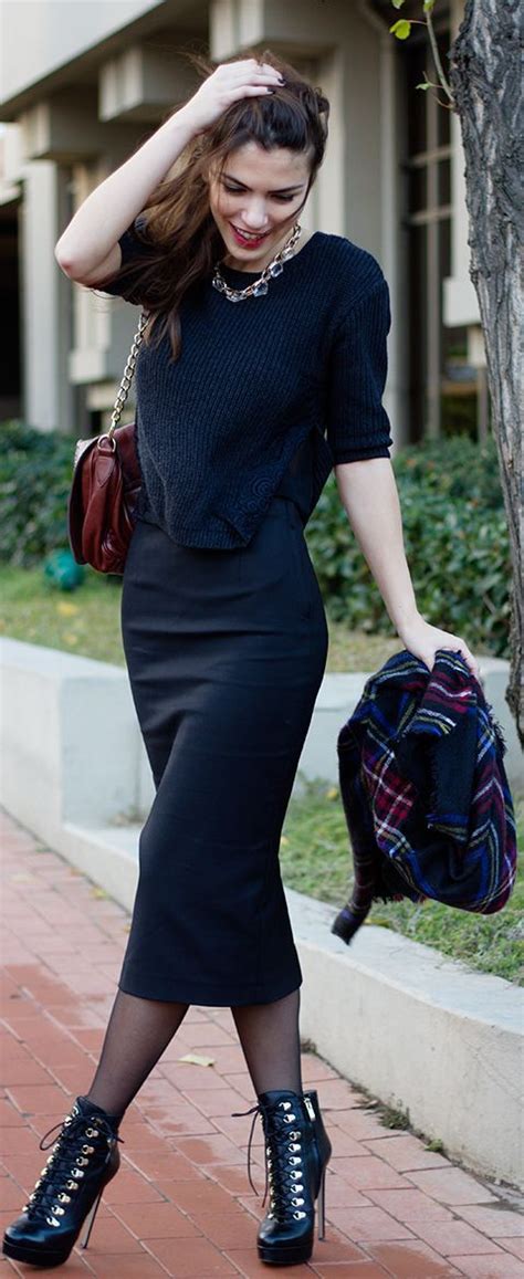 sleek momochomatic pencil skirt and cropped shirt with unexpected boots fashion ankle boots