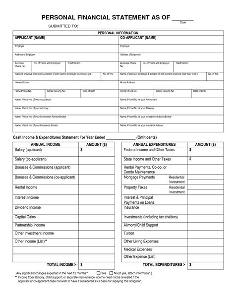 printable personal financial statement blank personal financial