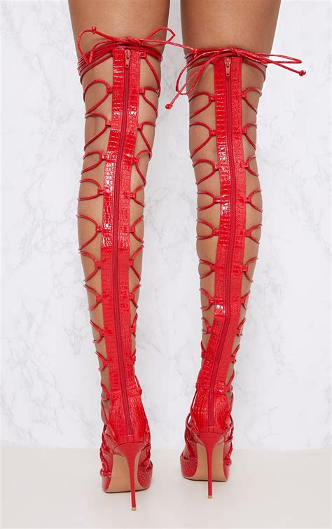 red thigh high lace  heels shoes prettylittlething