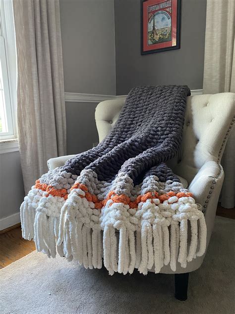 chunky fringe blanket orange  gray throw chunky yarn blanket chunky knit blanket diy
