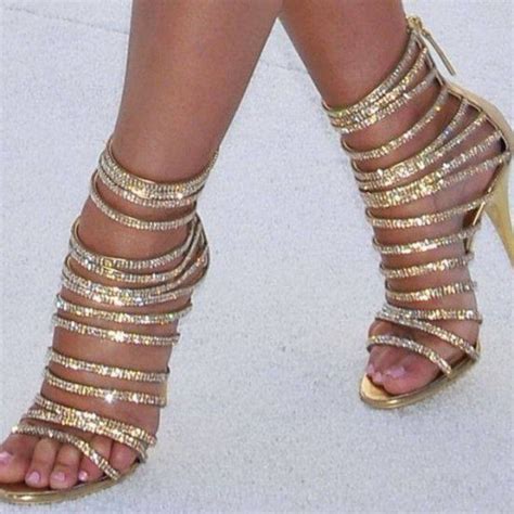gold evening shoes rhinestone stiletto heel strappy sandals for party