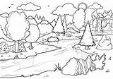 Coloring Forest Pages Waterfall Scene sketch template