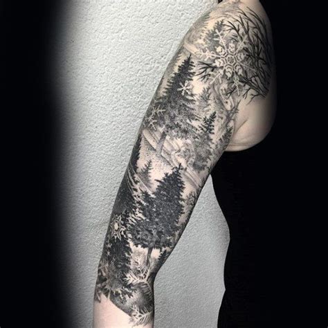 Pine Tree Sleeve Mens Shaded Black And Grey Tattoo Designs Tree Sleeve