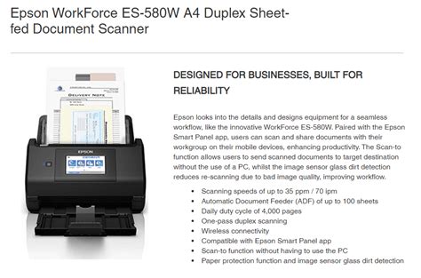Epson Workforce Es 580w A4 Duplex Sheet Fed Document Scanner 35ppm