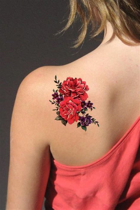 red flower back tattoo ideas for women beautiful floral shoulder tat
