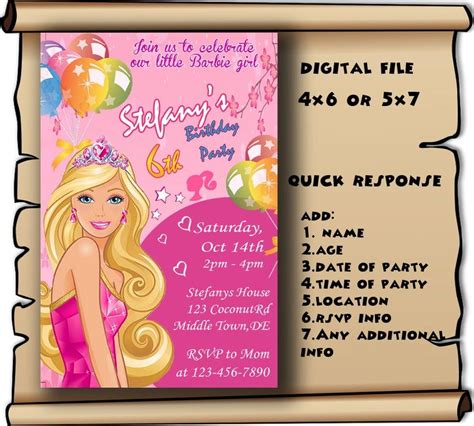 barbie invitation barbie birthday invitation barbie party