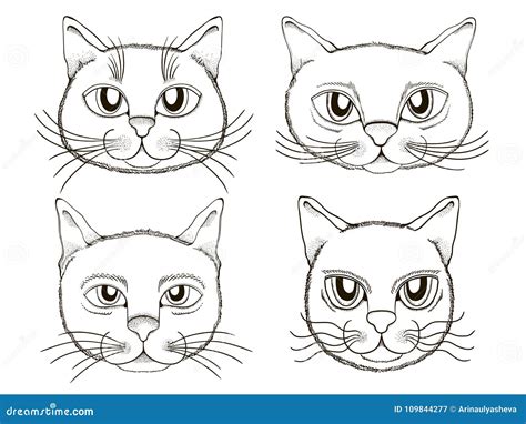 cats heads emoticons set coloring book element stock illustration