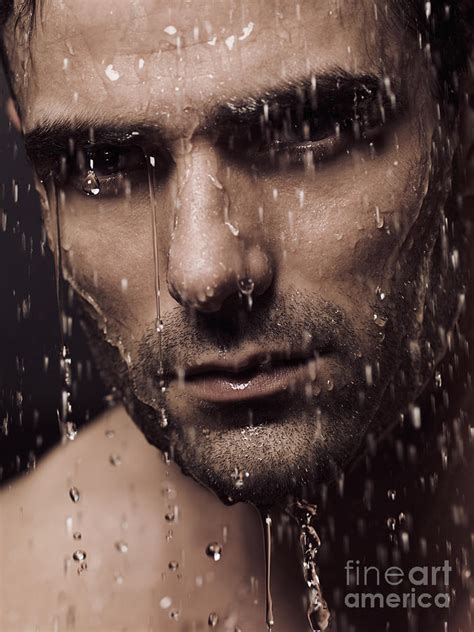 Dramatic Portrait Of Man Face With Water Pouring Over It Photograph By