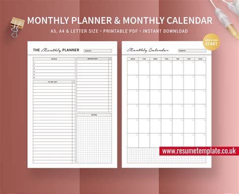 monthly planner monthly calendar planner pages planner inserts printable planner template