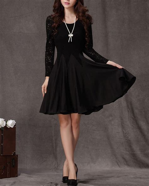 long sleeved black lace chiffon dress little black dress black fit