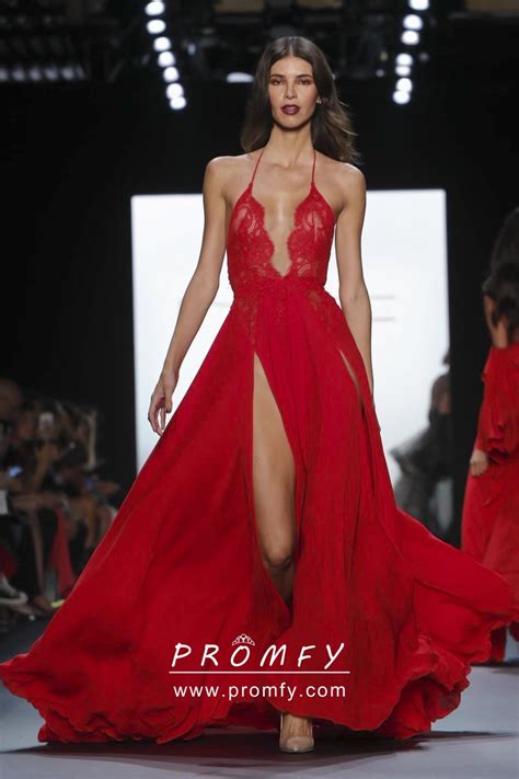 sexy red lace and chiffon scalloped plunging neckline