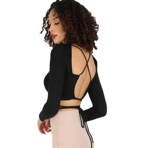 fashion black criss cross backless long sleeve crop sex top women s