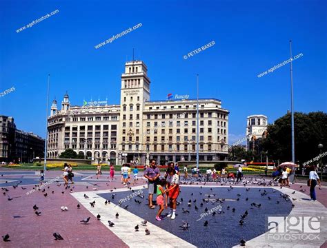 bank  spain building overlooking catalunya square  barcelona stock photo picture