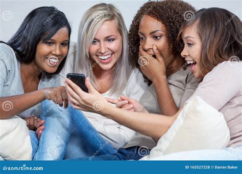Interracial Group Three Women Friends Laughing Smart Phone Stock Image