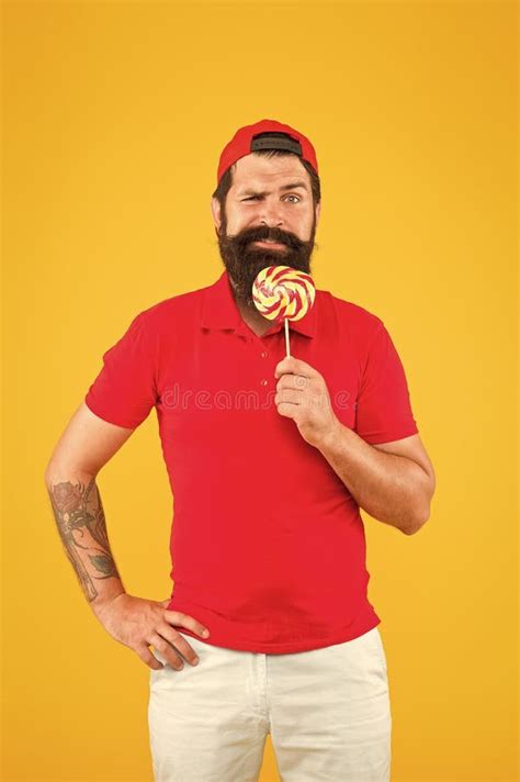 Funny Man Licking Lollipop Bearded Man With Lollipop Candy Shop