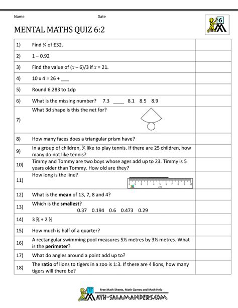 mental maths tests year  worksheets
