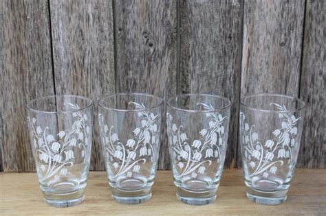 Vintage Libbey Glass Tumblers W White Lily Of The Valley Flowers