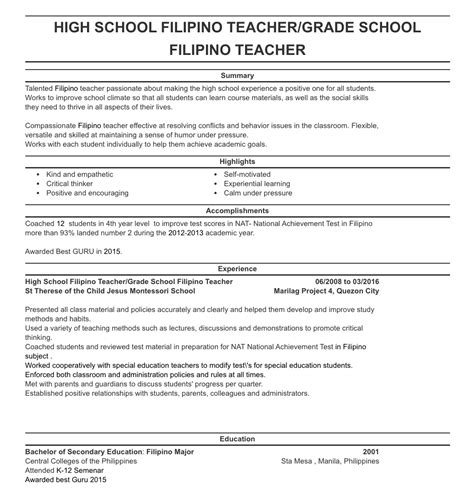 resume sample  teachers   philippines filipiknow