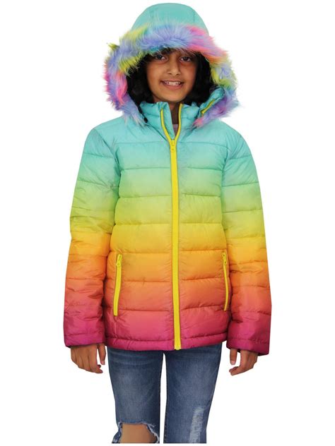 kids girls puffer jacket faux fur hooded   tone gift coats age   years ebay