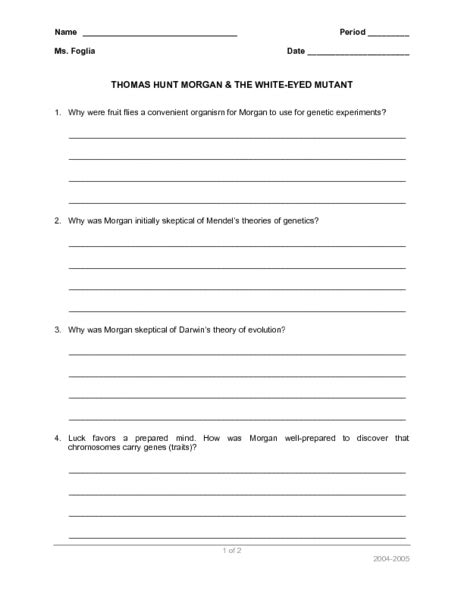 thomas hunt morgan and the white eyed mutant worksheet for