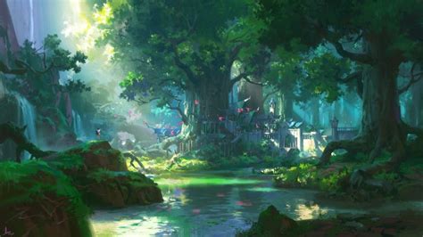 wallpaper anime landscape forest big trees water