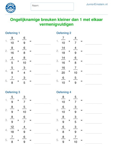 werkblad ongelijknamige breuken kleiner   met elkaar vermenigvuldigen geschikt voor groep