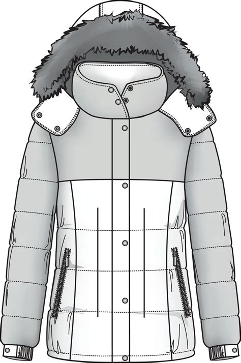 quilt feather jacket parka with fur hood flat fashion sketch 3219191