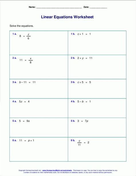 step equations worksheet  grade grade solving linear