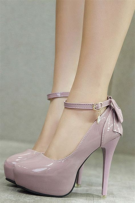light purple faux patent bow decor ankle strap stiletto