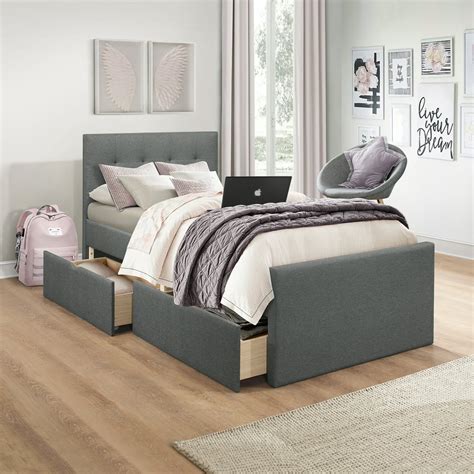 emory upholstered twin platform bed   storage drawers gray