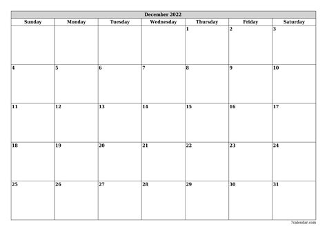 monthly calendar template december