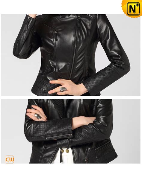 Black Leather Motorcycle Jacket Womens Cw650029