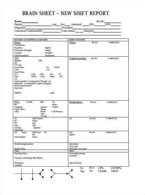 nursing report sheet templates