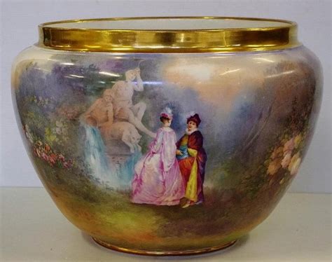 large hand painted limoges jardiniere decorated  courting limoges ceramics