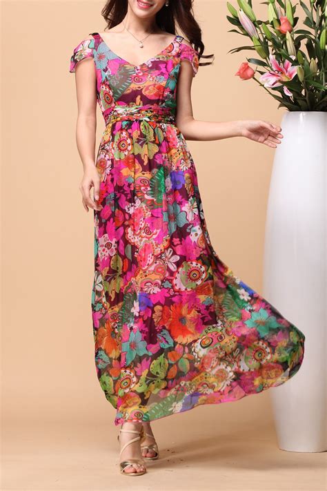 Floral Print Silk Beach Dress Long Floral Maxi Dress