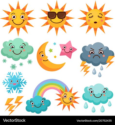 cartoon weather icons set funny pictures isolate vector image