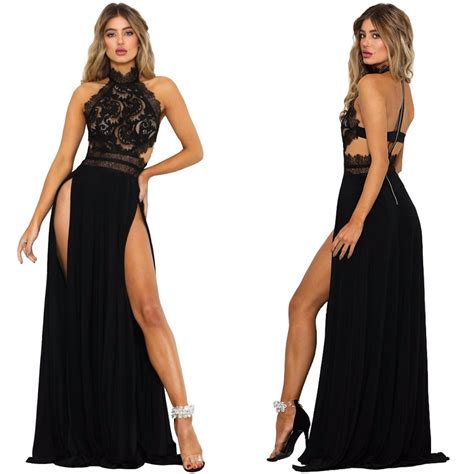 Hot Lace Sexy Halter Stand Neck Floor Length Dress S Xl Size Women