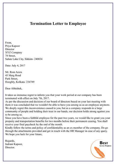 sample termination letter  employee