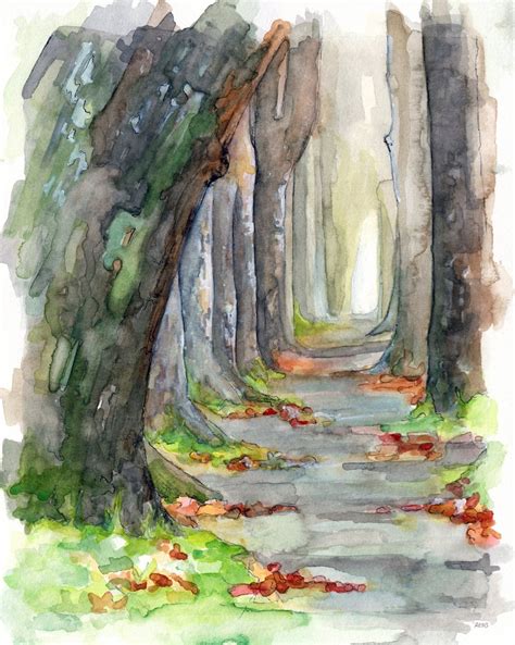 forest path painting print  original watercolor