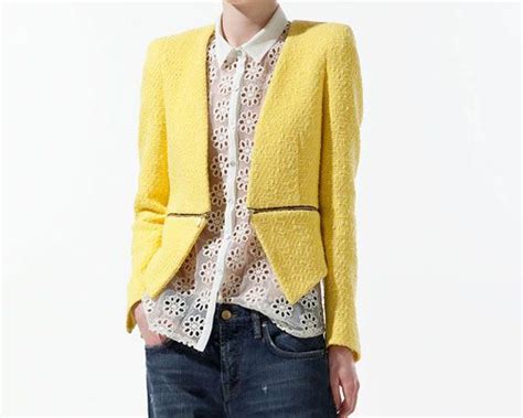 Yellow Tweed And Eyelet Fashion Bright Blazer Jackets For Women