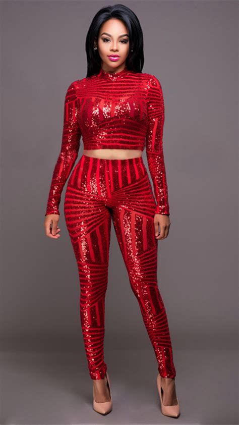women 2 pieces crops sequin bodycon clubwear party pants