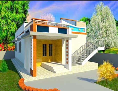 rendering   modern house  stairs leading    front door   story