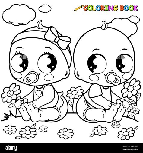 babies playing outdoors black  white coloring page stock photo alamy