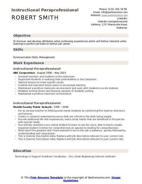 instructional paraprofessional resume samples qwikresume